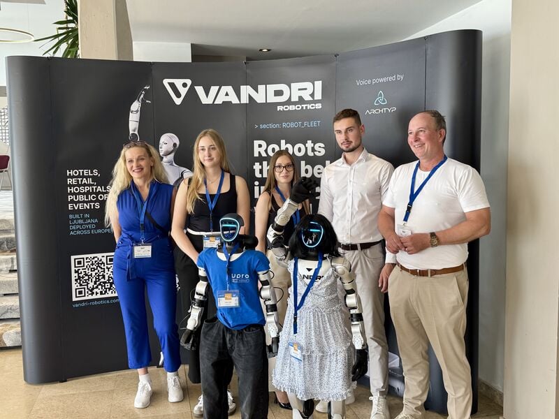 Vandri Robotics team with humanoid robots Tonka and Jože at the MIPRO 2026 booth in Opatija
