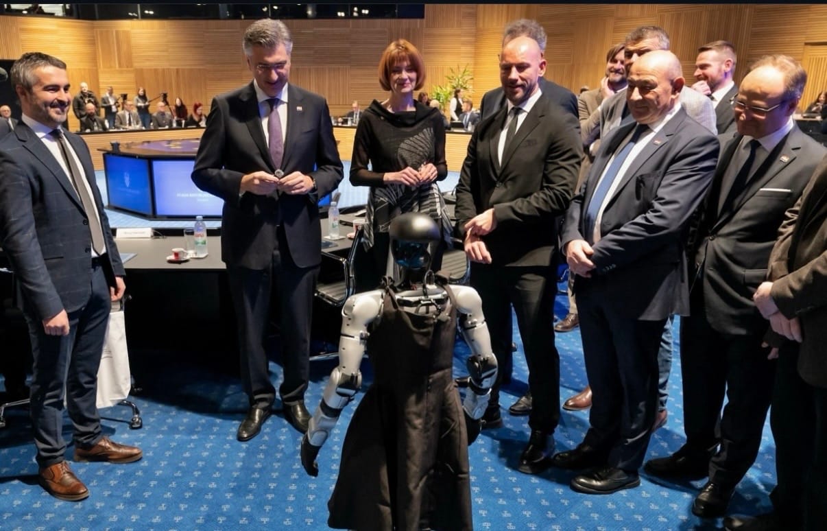 Humanoid robot Tonka with Croatian Prime Minister Andrej Plenković in Zagreb